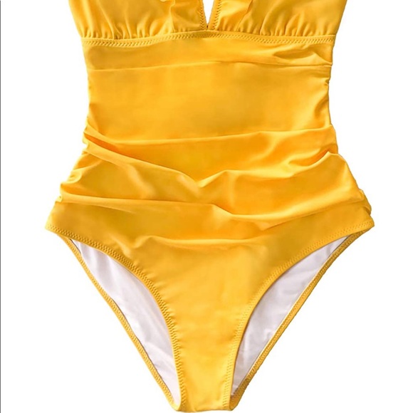 NWT Cupshe Ruffle Ruffled One Piece Swimsuit Bathing Swim Suit Yellow - Picture 10 of 13